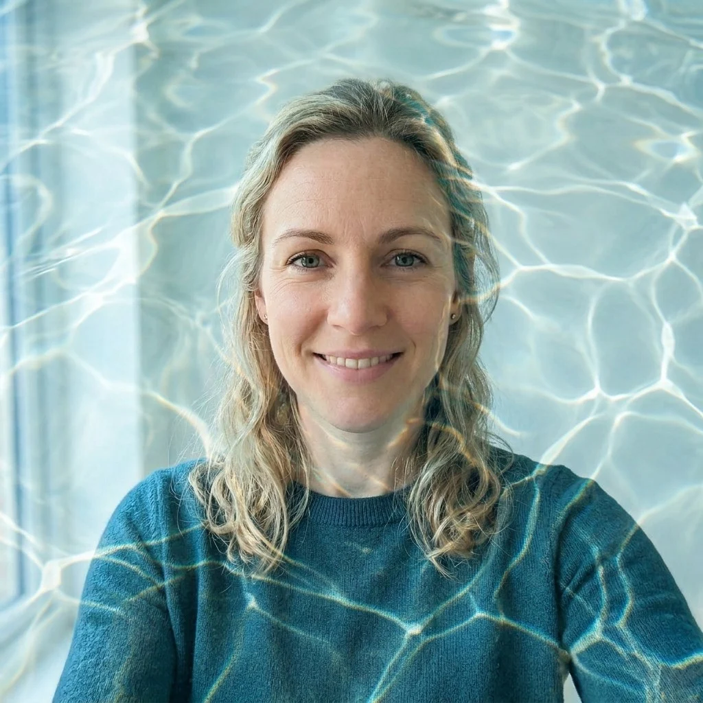 Creator selfie transformed with bright pool-surface refraction